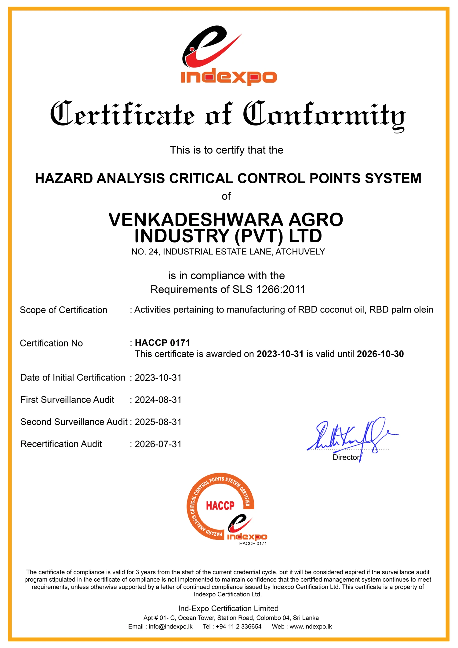 HACCP certificate document