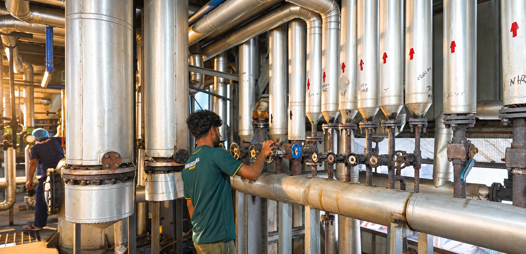 Production equipment and pipework inside the Venkadeshwara refinery